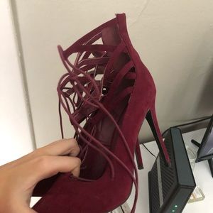 Suede maroon pointed toe lace up heels